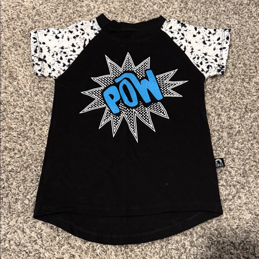 Kids' Black POW Graphic Raglan Tee with White Patterned Sleeves